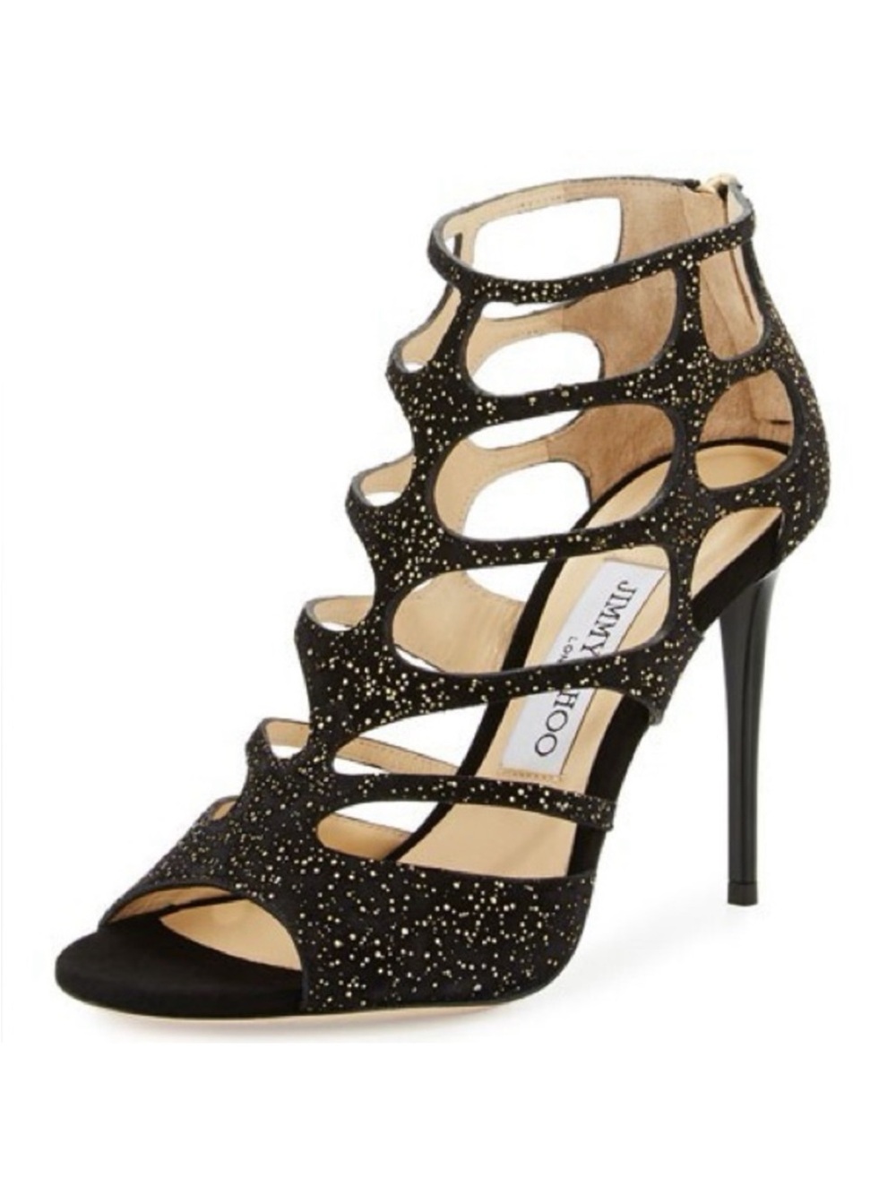 Jimmy Choo Ren Suede Caged Heels Black Metallic Gold Speckle Sandals Size 39.5‎